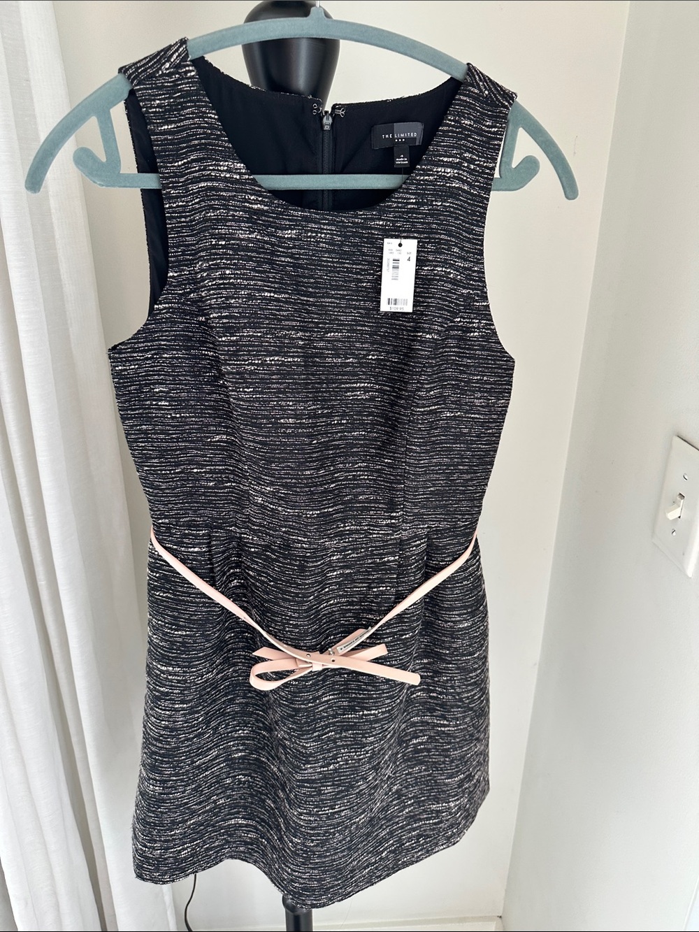 The Limited Black Textured Midi Sheath Dress with Pink Belt